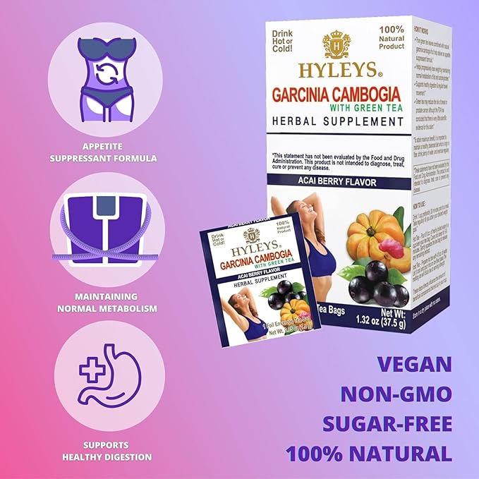 HYLEYS Tea Garcinia Cambogia Green Tea with Acai Berry Flavor - 25 Tea Bags (12 Pack - 300 Tea Bags Total)