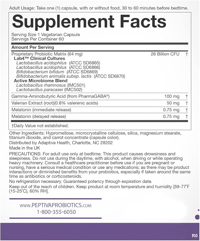Peptiva 26 Billion CFU Probiotic and Sleep Support - Clinically Validated Multi-Strain Probiotic - Lactobacillus and Bifidobacterium, Melatonin - 60 Count