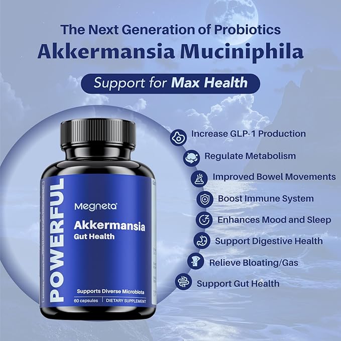 Akkermansia Probiotic, Boosts GLP-1, 300M AFU, Inulin Prebiotic Fiber - Gut Health Supplements for Men & Women (60 Capsules)