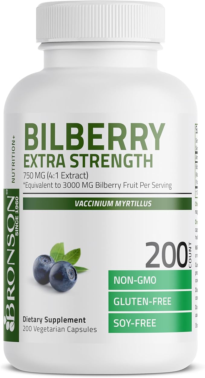 Bronson Bilberry Extra Strength Vaccinium Myrtillus, Promotes Eye Health and Supports Healthy Vision - Non GMO, 200 Vegetarian Capsules