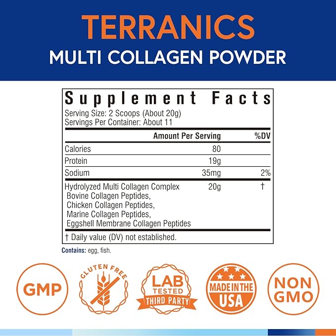 Terranics Multi Collagen Peptides Powder, Type I II III V X Collagen for Women & Men, Collagen Supplements for Skin, Nail, Hair, Easy to Dissolve, Unflavored, No Sugar, Keto, 8oz
