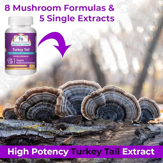 CANCER SCIENCES Turkey Tail Wellness Mushrooms Supplement, USDA Certified Organic Extract, Extra Strength 1,500 mg, High Potency 40% Beta-Glucans, Gut & Immune Support, Natural Digestive, 120 Capsules