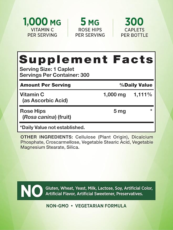 Nature's Truth Vitamin C 1000mg with Rose HIPS Caplets | 300 Count | Vegetarian, Non-GMO & Gluten Free Supplement