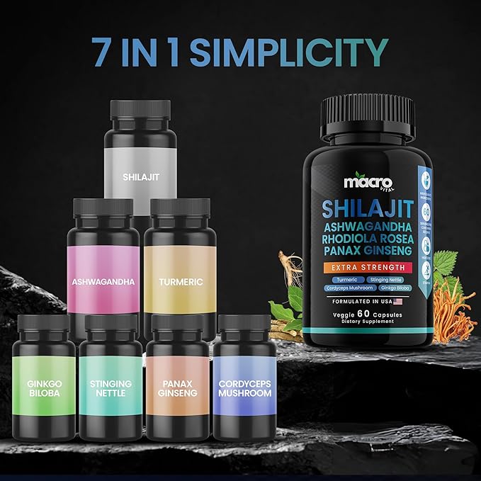 Pure Himalayan Shilajit for Men and Women 8-in-1 Supplement, Organic Himalayan Shilajit Capsules with Ashwaganda, Rhodiola Rosea and Panax Ginseng for Energy-Stamina- 60 Veggie Capsules