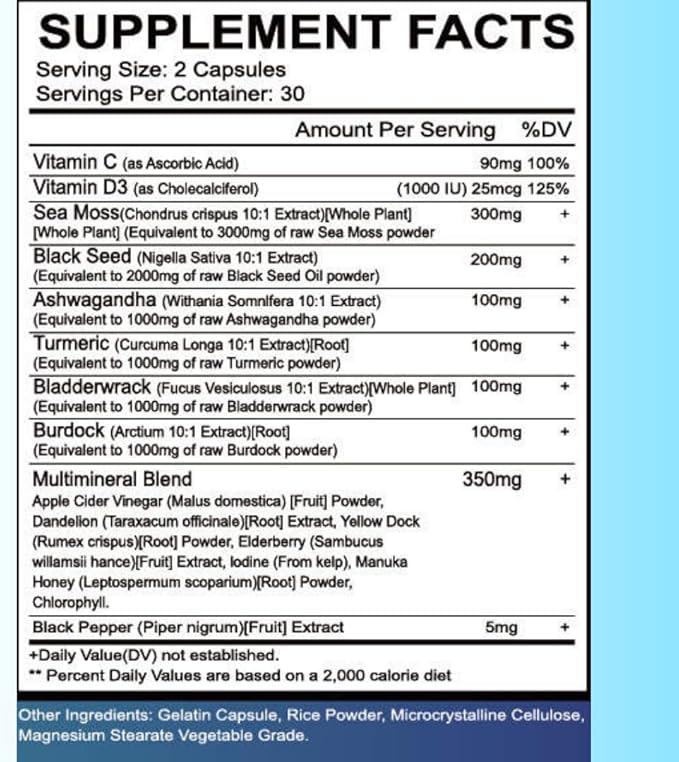 Sea Moss 3000mg Black Seed Oil 2000mg Ashwagandha 1000mg Turmeric 1000mg Bladderwrack 1000mg Burdock 1000mg & Vitamin C & D3 with Elderberry Manuka Dandelion Yellow Dock Iodine Chlorophyll ACV