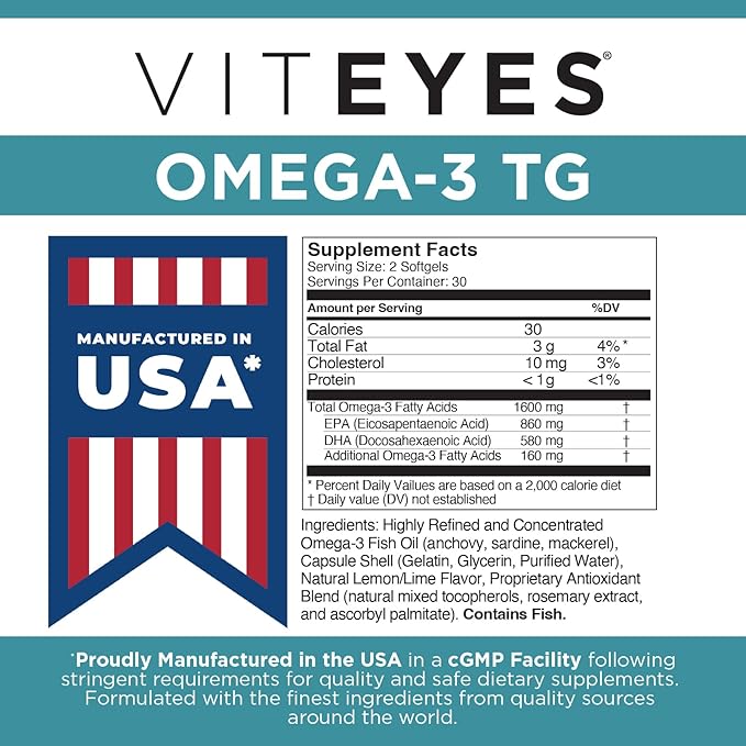 Viteyes Omega-3 TG Supports Eye & Heart Health, Natural Triglyceride Fish Oil Formula, Clear, 60 Count