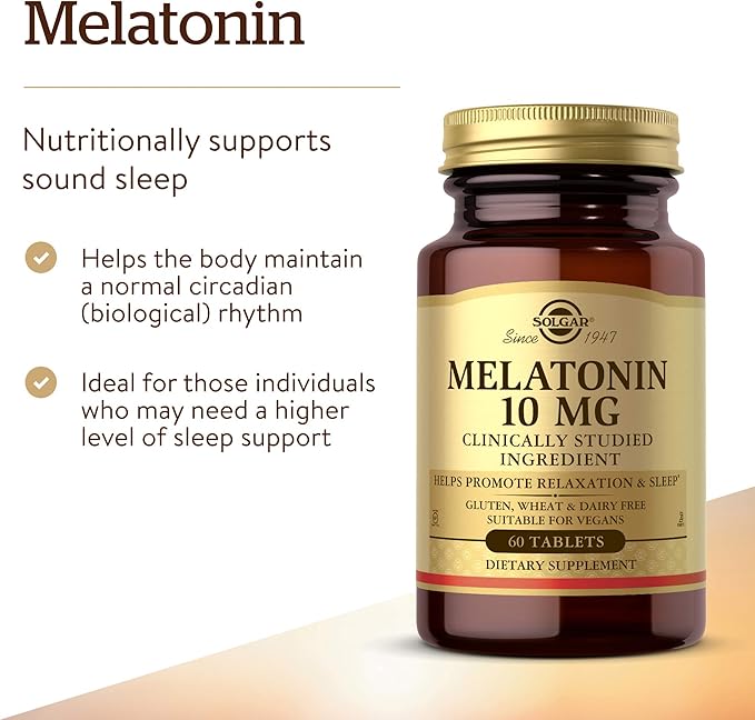Solgar Melatonin 10mg Tablets HighDosage Helps Promote Relaxation Sleep ClinicallyStudied Melatonin Supports Natural Sleep Cycle Vegan Gluten Free Dairy Free Kosher Servings, 60 Count