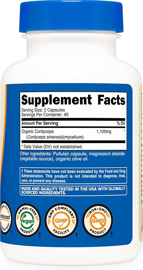 Nutricost Cordyceps Mushroom Capsules 1100mg, 45 Serv - CCOF Certified Made with Organic, Vegetarian, Gluten Free, 550mg Per Capsule (90 Capsules)