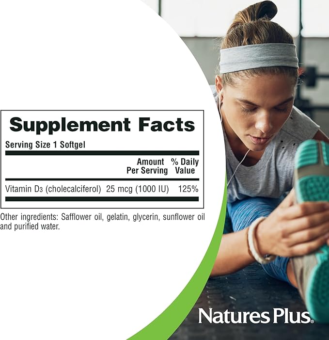 Natures Plus Vitamin D3 (Cholecalciferol) - 1000 iu, 180 Softgels - Nutritional Support for Healthy Bones & Immune System Support - Bioavailable Active Form - Gluten-Free - 180 Servings