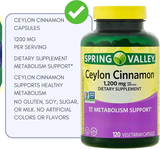 Spring Valley Ceylon Cinnamon Capsules 1200 mg Capsules, Support Metabolism * 120 Count | Non-GMO & Gluten Free Pills (Pack of 1)