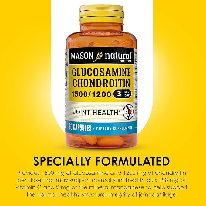 MASON NATURAL Glucosamine Chondroitin 1500/1200 3 Per Day with Vitamin C - Supports Joint Health, Improved Flexibility and Mobility*, 60 Capsules