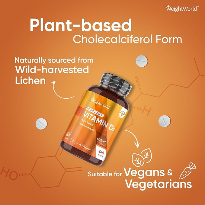 WeightWorld Vitamin D3 5000 IU (125mcg) - 240 Vegan Tablets (8 Months Supply) - Plant-Based from Lichen - Vitamin D for Bone & Immune Health - Highly Bioavailable D3 Supplement - Non-GMO & Gluten-Free