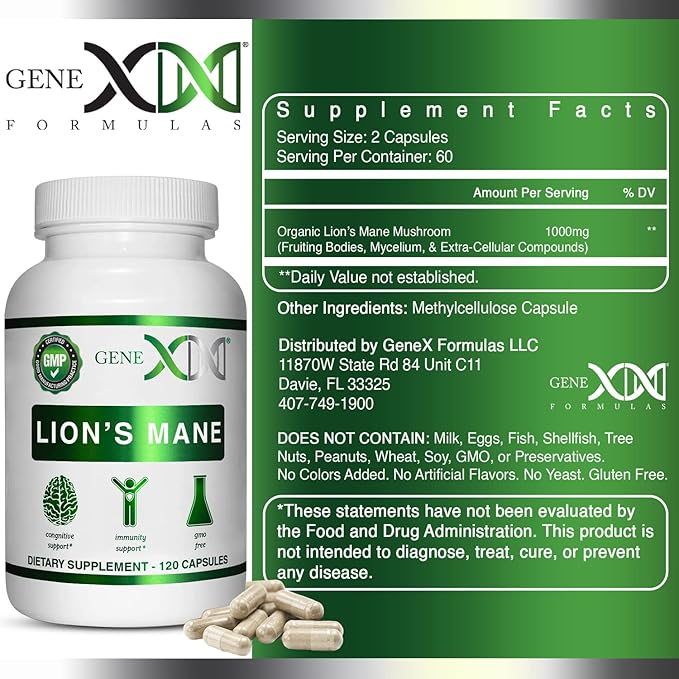 Genex Formulas Lions Mane Supplement with 100% Lions Mane Extract (3 Pack) - Nootropics Brain Support Supplement for Brain Boost, Focus, Mental Clarity, Natural Energy, 1000mg/serving - (360 Capsules)