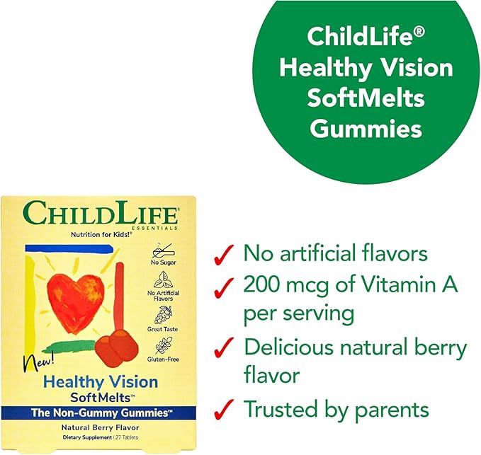 CHILDLIFE ESSENTIALS Healthy Vision SoftMelts - Eye Vitamins for Kids, Lutein Gummies, Lutein and Zeaxanthin Supplements, Eye Health Gummies, Lutein Children, Great Taste - Natural Berry, 27 Tablets