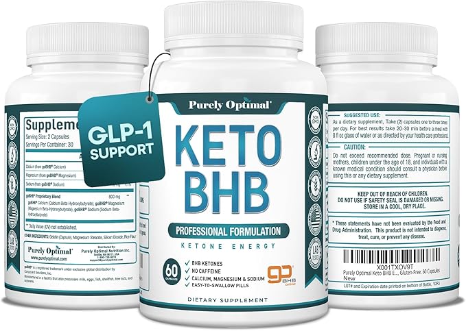 Purely Optimal Keto BHB Exogenous Ketones Supplement - Keto Diet Pills for Ketosis, Energy, Focus, Metabolism - for Women and Men (60 Capsules)