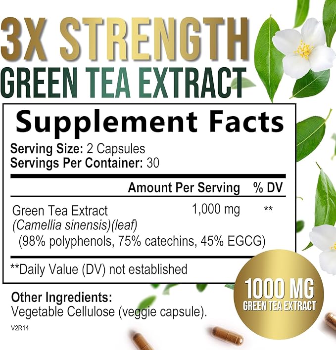 Green Tea Extract Pills 1000mg with EGCG for Heart Support with Antioxidants - 98% Standardized Polyphenols - 3X Absorption Green Tea Capsules for Natural Energy, Gentle Caffeine - 60 Capsules
