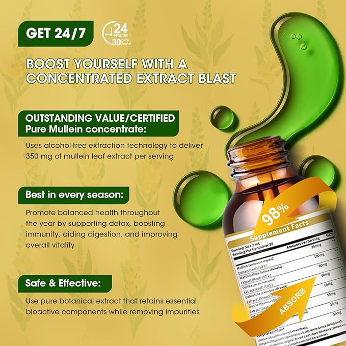 2 Pack Mullein Leaf Drops for Lungs - Mullein Leaf Extract & Marshmallow Root for Lung Cleanse & Detox - Mullein Tincture for Respiratory & Immune Support Herbal Supplement, 2 fl oz