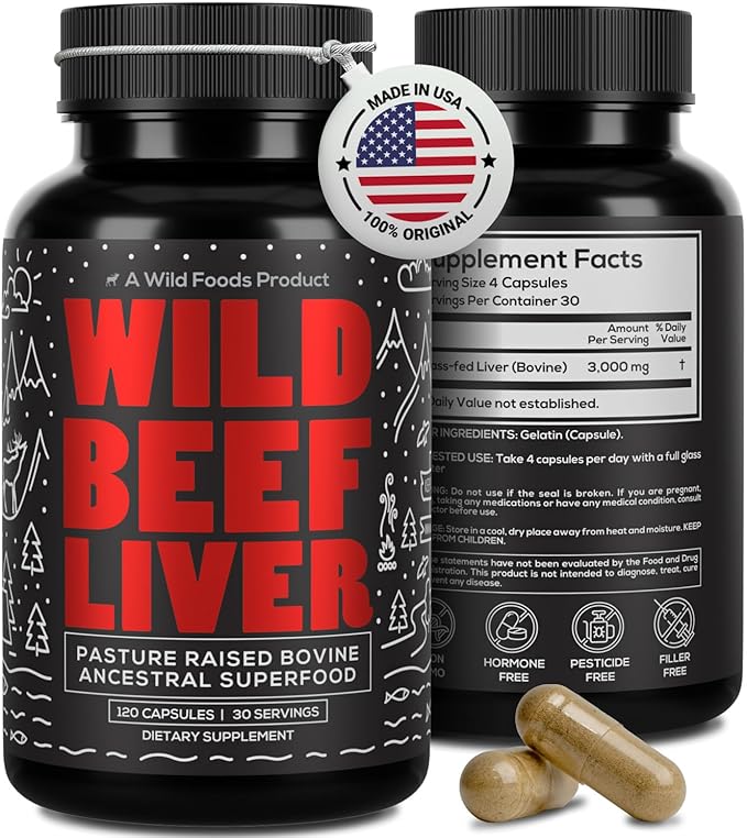 Wild Foods Beef Liver Capsules - Grass-Fed & Pasture-Raised | 3000mg Ancestral Supplement for Natural Energy & Immune Support | Organ Supplement for Men & Women | Keto, Paleo, Carnivore (120 Softgels)