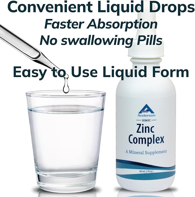Anderson Ionic Zinc Complex, Liquid Drops for Immune Support, 15mg Zinc Sulfate per Serving, Balanced Trace Mineral Dietary Supplement for Women, Men, 60 Servings, 2oz Bottle