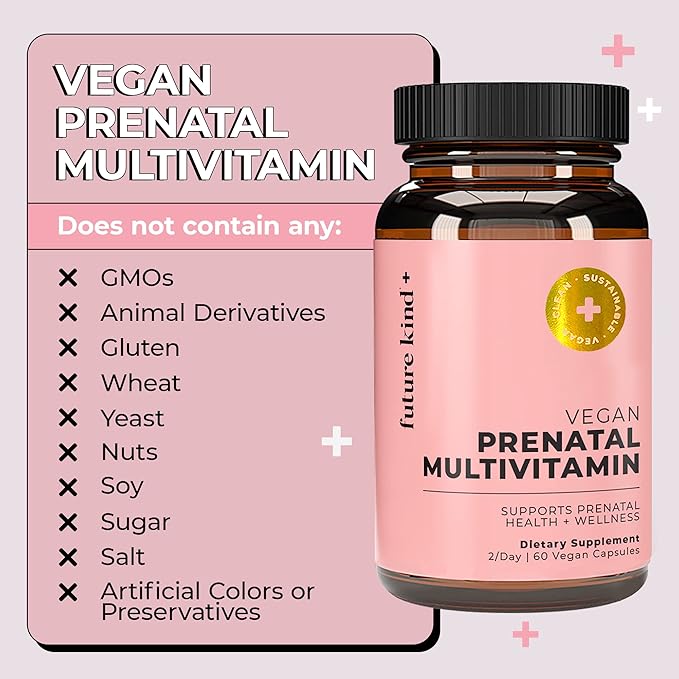Future Kind Vegan Prenatal Vitamin with DHA & L-Methylfolate in Glass Bottle - Prenatal Folate Supplement for Women with Vitamin D & E, Iron & Biotin - Gluten-Free, Non-GMO (60ct)