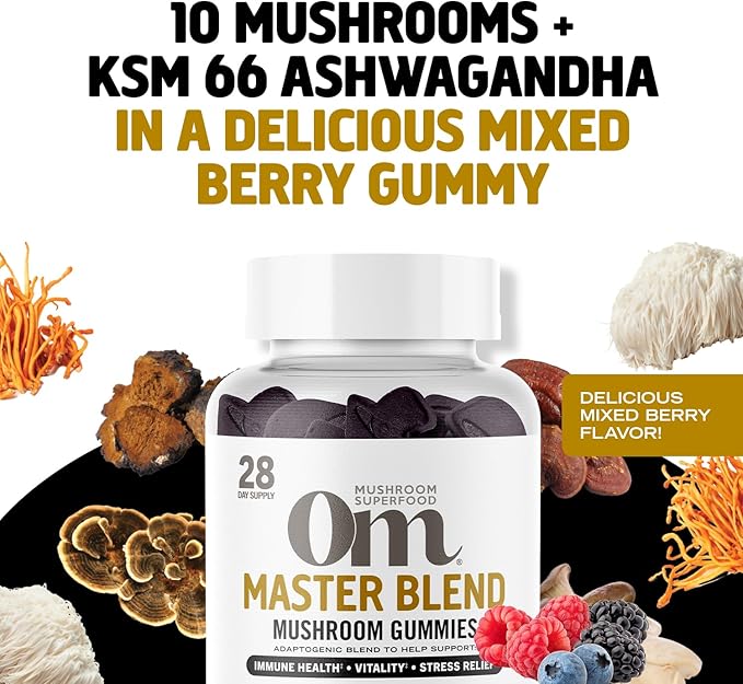 OM MUSHROOM SUPERFOOD Master Blend Mushroom Gummies, 56 Count, 28 Servings, Mixed Berry Flavor with 10 Mushroom Complex for Stress and Vitality