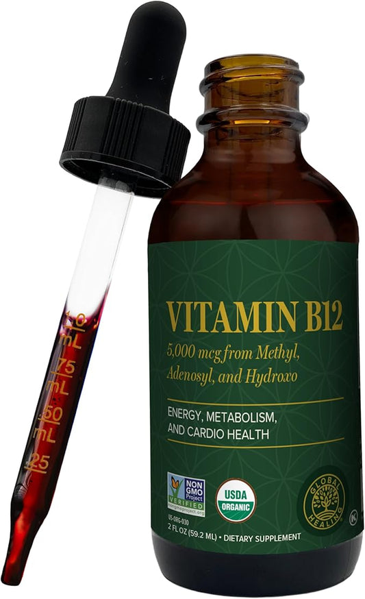 Global Healing - Organic Vitamin B12 5000 MCG Sublingual Liquid - Methylcobalamin, Hydroxo Blend & More - Methylated Drops for Adults - Vegan, Non-GMO, VIT B12, Vitamins Supplement (2 Oz)