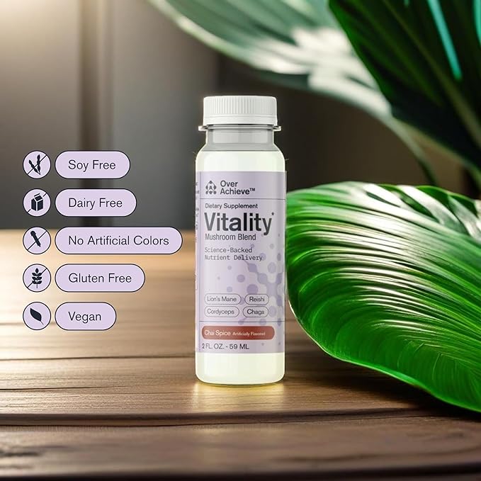 Mushroom Supplement Drink Fast-Acting Vitality Blend, Cordyceps, Reishi, Chaga, Lion’s Mane, Ashwagandha, for Adults, Chai Spice Flavor 2 fl oz (12 Pack)