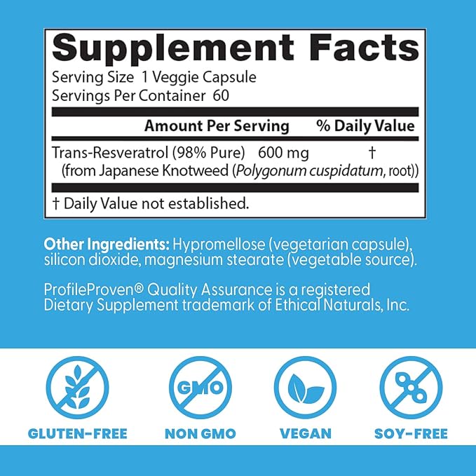 Doctor's Best Trans- Resveratrol 600, 98% Pure Trans-Resveratro, Non-GMO, Gluten Free, Soy Free, Vegan 60 Veggie Caps