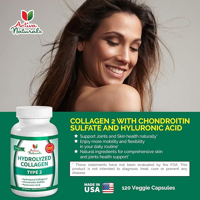 Collagen Type 2 Hydrolyzed Supplement with Chondroitin and Hyaluronic, for Healthy Hair, Skin, Nails, and Joints, No Fillers, Additives, and No Artificial Colors - 120 Vegetarian Capsules