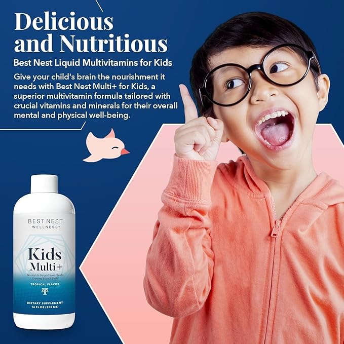 Best Nest Wellness Kids Multi Plus - Brain Health Support Supplement for Kids - Liquid Multivitamin with Methylated Vitamins - Nutritional Supplement Aids Immune Health - Tropical Flavor, 16 fl oz