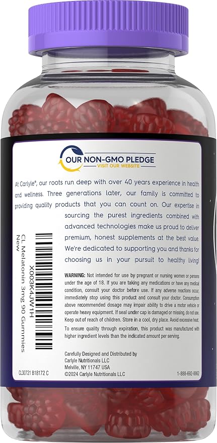 Carlyle Melatonin Gummies 3mg | 90 Count | Fruit Flavor Gummy Supplement | 100% Drug Free Support | Vegan, Non-GMO, Gluten Free