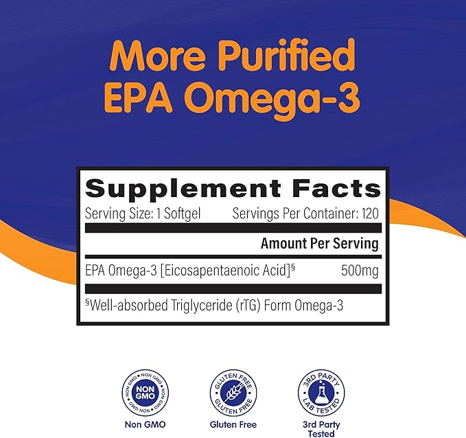 OmegaVia EPA 500, Purified Omega-3 Fish Oil Supplement, 500 mg EPA in Triglyceride Form, Burpless Fish Oil, Non-GMO, Gluten-Free, IFOS 5-Star, 120 Softgels