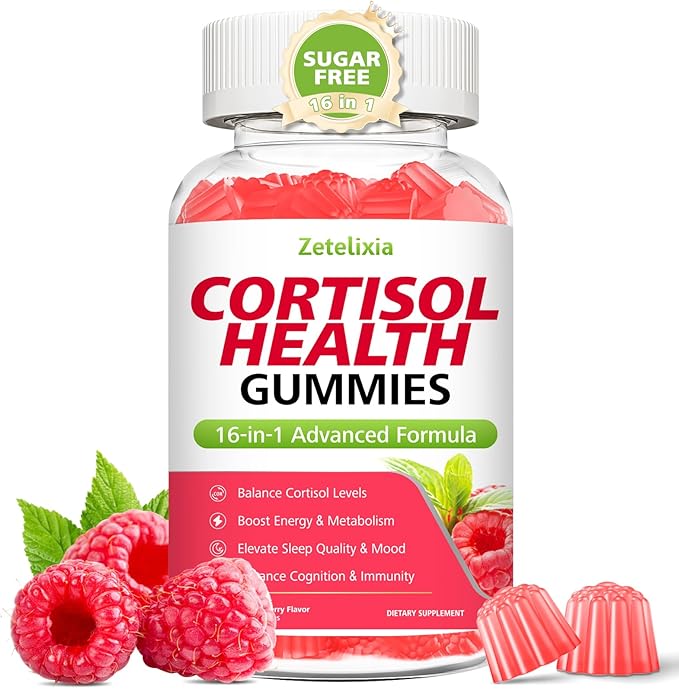 16-in-1 Cortisol Gummies for Women, Sugar Free Cortisol Gummies Supplement with Ashwagandha, Rhodiola Rosea, Magnesium, L-theanine for Relaxation, Sleep, Cognition, Raspberry Flavor, 60Ct