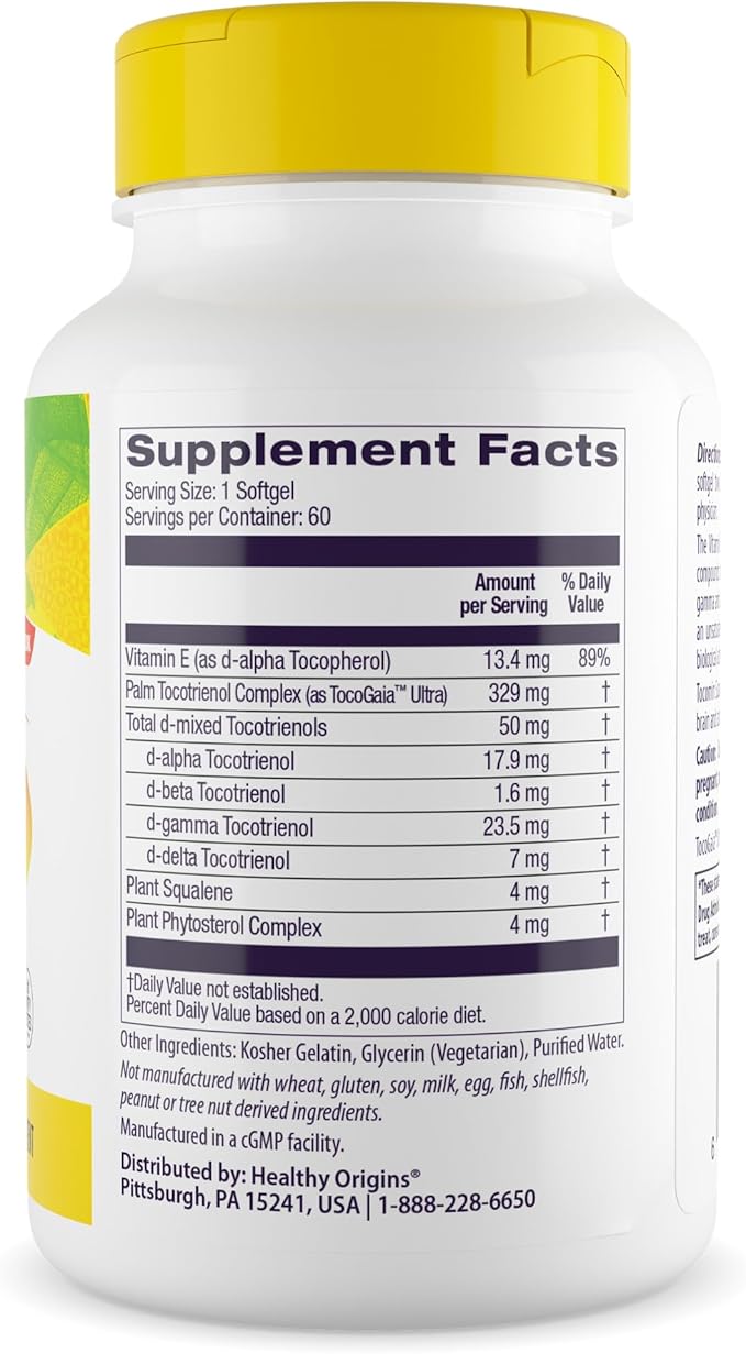 Healthy Origins Tocomin SupraBio (Tocotrienols), 50 mg - Supports Heart Health & Cardiovascular System - Tocotrienol & Vitamin E Supplement - Gluten-Free Skin Support - 60 Softgels