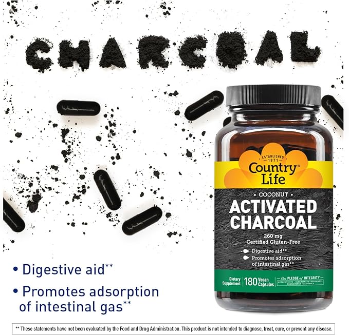 Country Life Activated Organic Coconut Charcoal Capsules, 260mg – Natural Charcoal Supplement for Gas and Bloating Relief, Gluten-Free, 180 Vegan Capsules