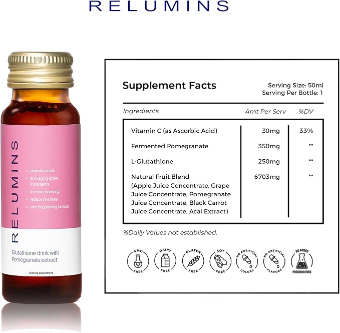 Relumins Glutathione Drink & Vitamin C Bundle – Brightening & Firming Pomegranate Gluta Shots (50mL x 10 Bottles) + Advanced Vitamin C with Rose HIPS & Bioflavonoids (180 Veg Caps)