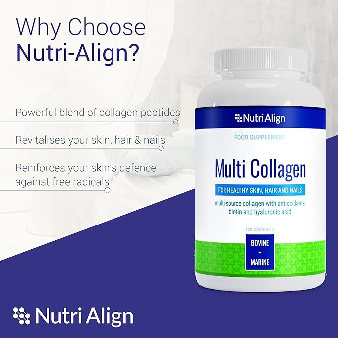 Nutri-Align Multi Collagen | 120 Collagen Peptides Capsules - 600mg Bovine Collagen & 400mg Marine Collagen per Serving | Collagen for Women Hair, Skin & Nails with Vitamins & Amino Acids | Sugar Free