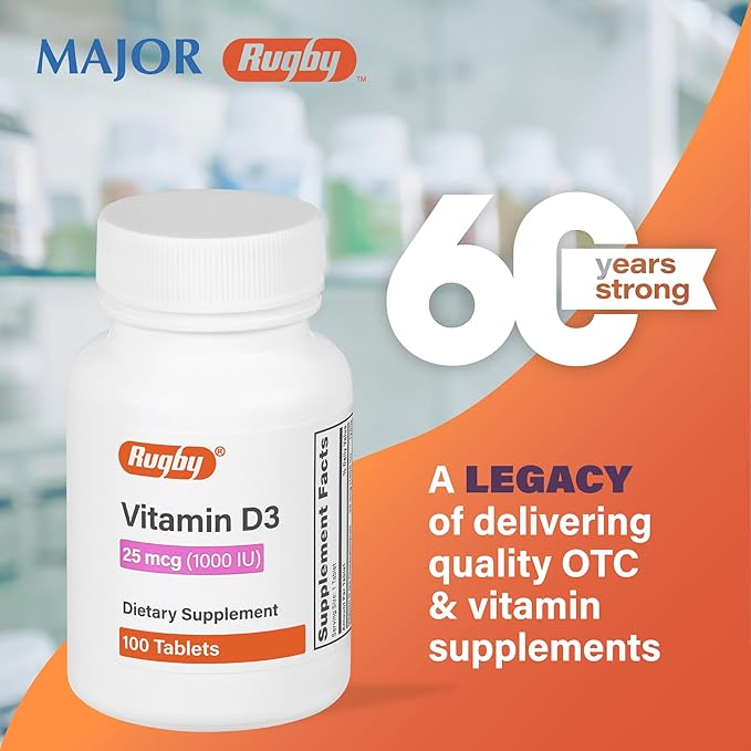 Rugby Vitamin D3, 25 mcg (1,000 IU) - Dietary Supplement - 100 Tablets