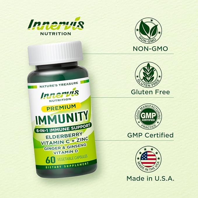 Premium 6-in-1 Immune Support – Vitamin C, D3, Zinc, Elderberry, Ginger & Korean Ginseng – Immune System Booster & Antioxidant Support – 60 Veg Capsules