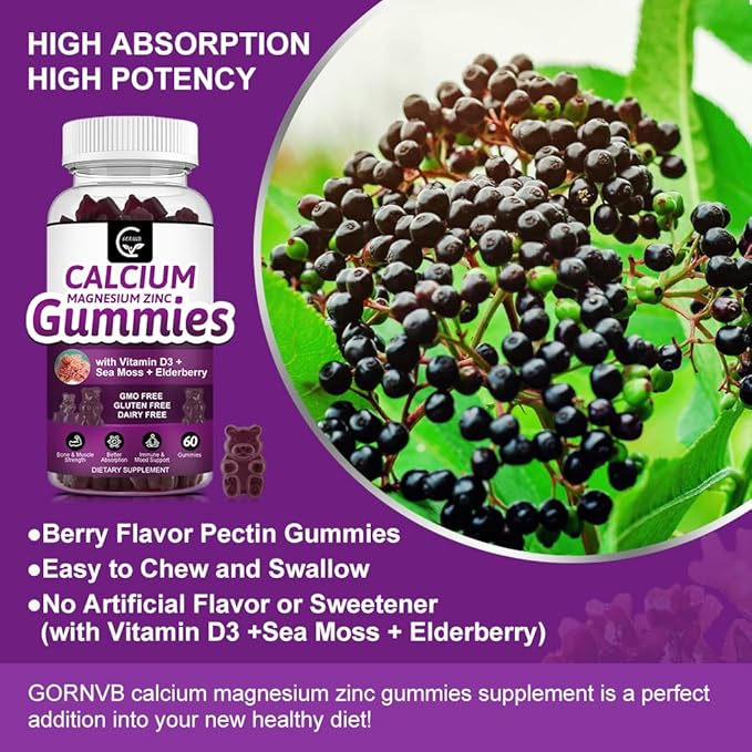 Calcium Magnesium Zinc Gummies with High Absorption Magnesium Glycinate Potassium - Plant Complex Calcium Magnesium 2:1 Ratio, with D3 Sea Moss for Bone, Muscles, Immune & Sleep Support, Vegan-2 Pack