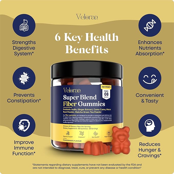 Super Blend Fiber Gummies for Adults – 8g Prebiotic Fiber Gummies, Supports Digestive Health, Bloating Relief & Wellness, Infused with Ginger, Camu Camu & Matcha, Strawberry Flavor – 60 Count