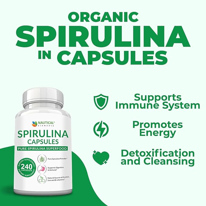 Spirulina Capsules 3000mg - 40 Servings Of Organic Spirulina Capsules - Rich in Protein, Antioxidants & Vitamins - 240 Organic Espirulina Powder - Supports Immune & Cardiovascular Health