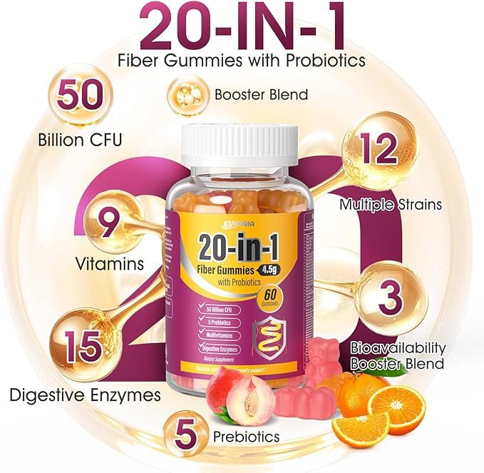 Fiber Supplement 20-in-1, Fiber Gummies for Adults, 50 Billion CFU Probiotic & Prebiotic Supplement with Inulin, Psyllium, Support for Gut & Digestive Health, 60-Count, Peach & Orange