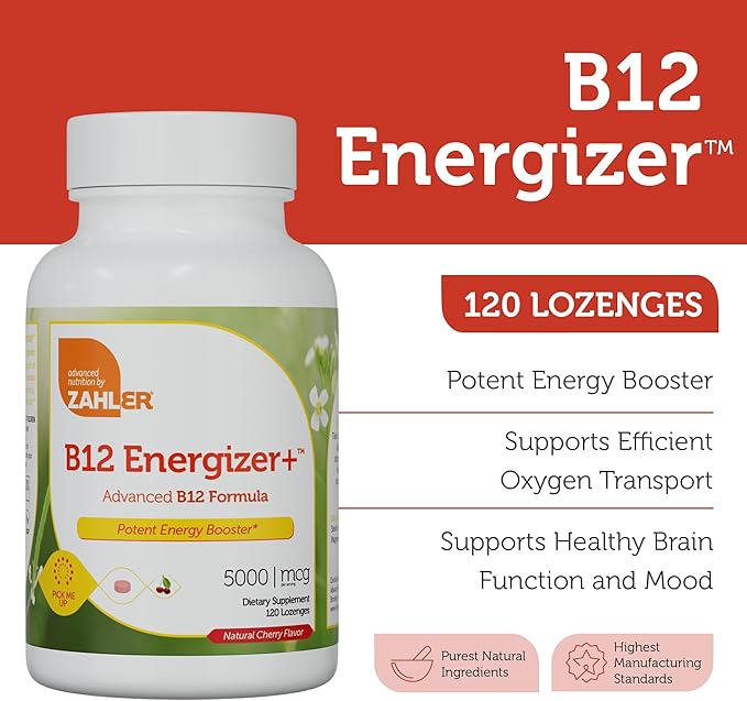 Zahler Energizer+ Vitamin B12-5000 mcg Vitamin B12 - Natural Cherry Flavor Dissolvable Lozenges - Kosher Gluten Free Non-GMO B12 Vitamins 5000 mcg, Energy Boost, Made in USA (120 Count)