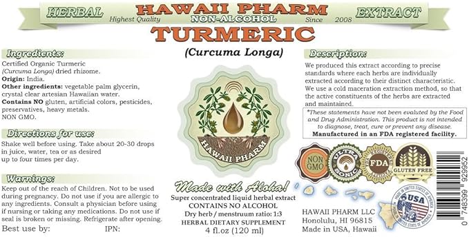 Turmeric Alcohol-Free Liquid Extract, Organic Turmeric (Curcuma Longa) Dried Rhizome Glycerite Natural Herbal Supplement, Hawaii Pharm, USA 2 fl.oz