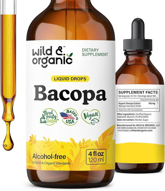 Wild & Organic Bacopa Liquid Drops - Herbal Tincture for Brain Support - Vegan Supplements with Bacopa Monnieri Extract Liquid - 5-Month Supply - Sugar & Alcohol-Free - 4 fl oz
