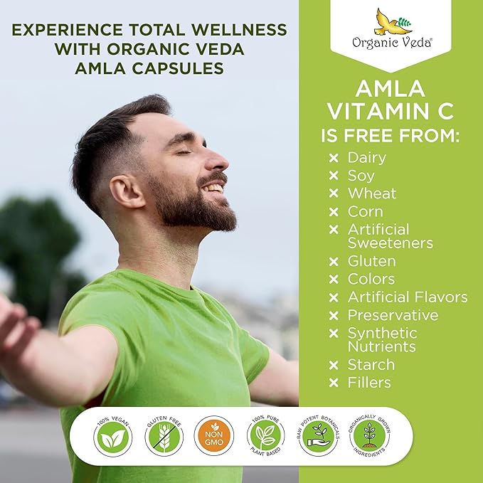 Organic Veda Amla Fruit Capsules, 20 X Concentrated Amla Berry Juice Extract Natural Vitamin C Supplement - Potent Antioxidants, Immunity, Skin Radiance - Vegan Vitamin C Amla Powder Capsule 120