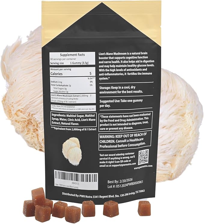 REAL Lion’s Mane Mushroom Gummies - Heart, Immunity, Inflammation, Brain Support, Vegan, Sugar-free, GF, 30 TRUE Servings, 3.7oz