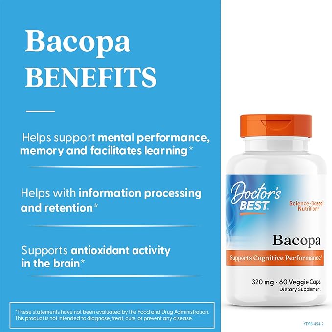 Doctors Best Bacopa with Synapsa, Supports Cognitive Performance, Non-GMO, Gluten Free, Soy Free, Vegan 60 Veggie Caps