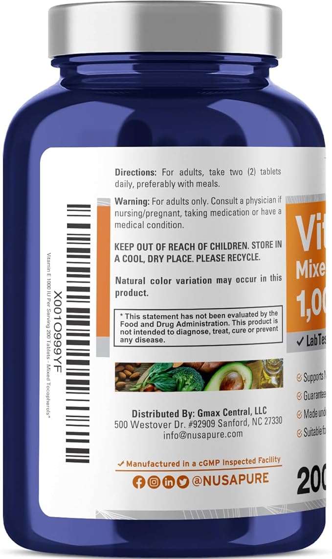 NusaPure Vitamin E 1000 IU 200 Tablets (Non-GMO, Gluten-Free) - Mixed Tocopherols